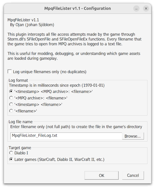MpqFileLister configuration dialog